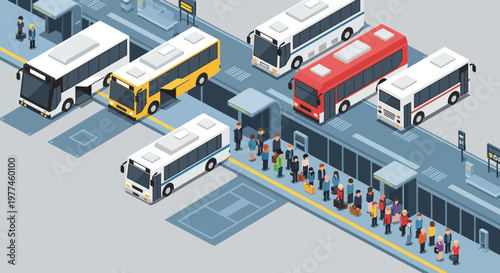 Isometric Bus Station with People Waiting and Buses Lined Up - Public Transport Scene