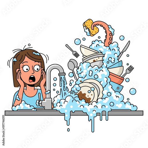 Overwhelmed Woman Stares at Mountain of Dirty Dishes in Overflowing Sink