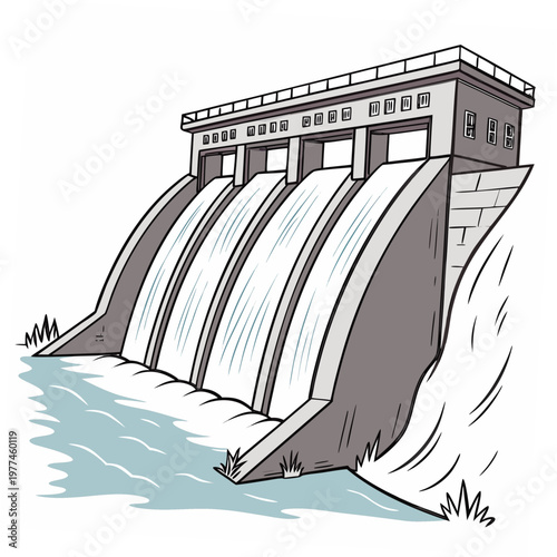 A dam with multiple gates releasing water in a cartoon style