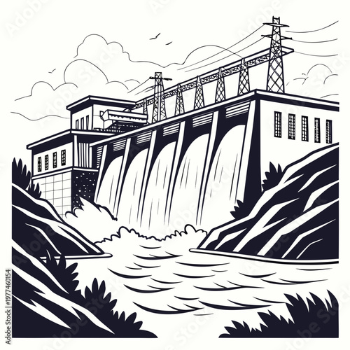Black and white illustration of a hydroelectric dam with water flowing through it on a river
