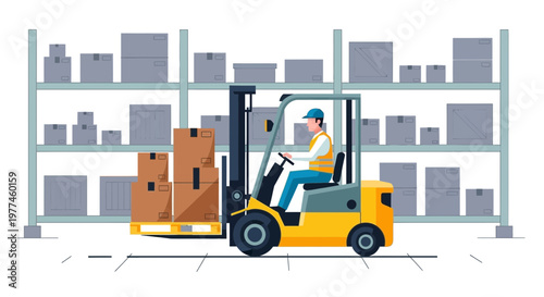Forklift truck with boxes in a warehouse, logistics and storage concept
