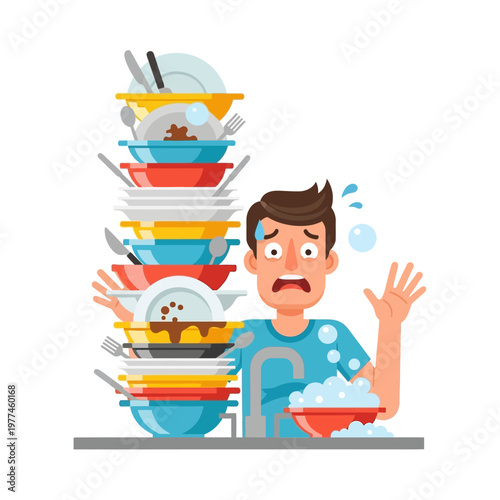 Stressed Man Overwhelmed by Huge Pile of Dirty Dishes