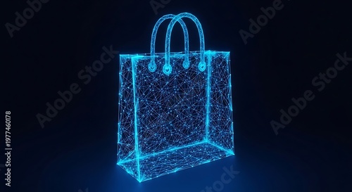 Digital rendering of a shopping bag formed from glowing, interconnected points against a dark background