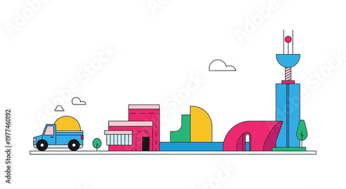 Modern Cityscape with Abstract Architecture and Delivery Truck