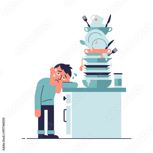 Tired Man Overwhelmed by Huge Pile of Dirty Dishes