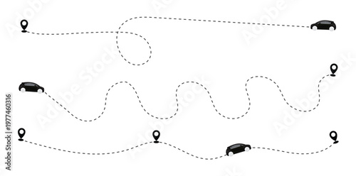Car travel route car travel path icon. A car path in the form of a dotted line with a map pin icon Pro Vector. Vector Illustration 