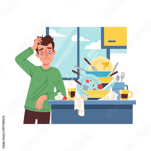 Tired Man Facing Pile of Dirty Dishes in Kitchen