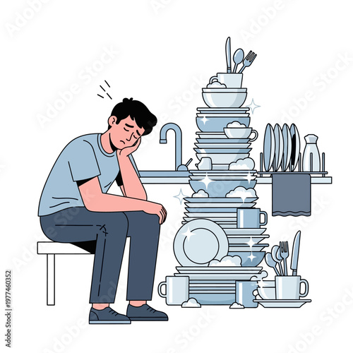Tired man sitting by a huge pile of dirty dishes in the kitchen sink