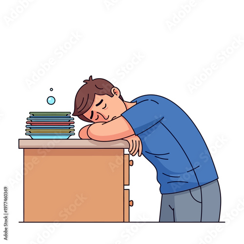 Tired Man Sleeping Next to Stack of Dirty Dishes, Exhausted After Chores