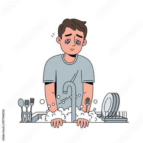 Tired Man Washing Dishes, Exhausted Person Doing Chores, Household Fatigue