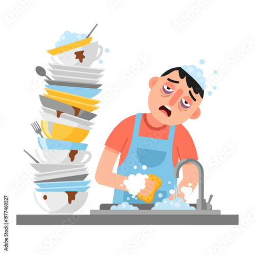 Tired Person Washing Dirty Dishes Pile, Kitchen Chores, Exhausted Housework