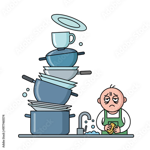 Tired Person Washing Huge Pile of Dishes in Sink, Domestic Chores