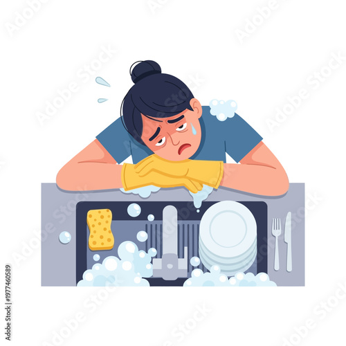 Tired Woman Washing Dishes, Overwhelmed by Chores, Exhausted Housewife