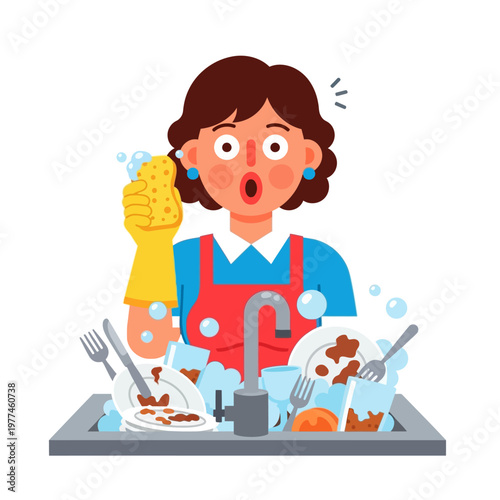 Woman Surprised by Dirty Dishes in Kitchen Sink, Housework Challenge
