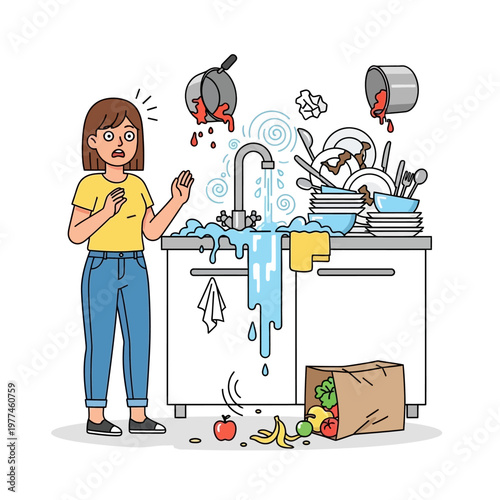 Woman Shocked by Overflowing Kitchen Sink and Dirty Dishes