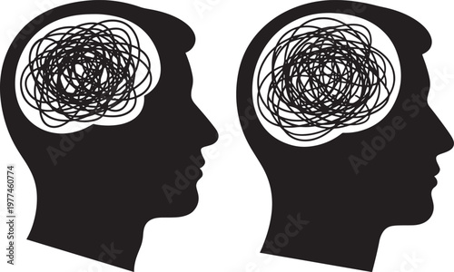 Two silhouetted heads with tangled lines representing confused thoughts mental health brain activity thinking process confusion complexity silhouette thinking struggle overwhelmed bewildered