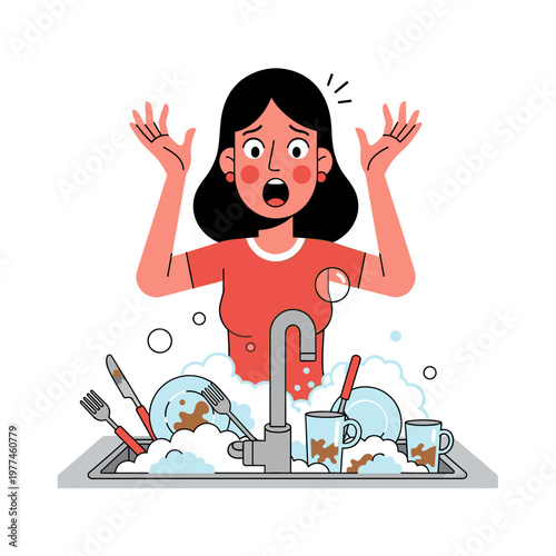 Woman shocked by overflowing dirty dishes and messy kitchen sink