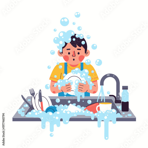 Young boy washing dishes in a sink with lots of bubbles and foam, chores concept