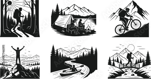 Set of Black Silhouettes of Outdoor Adventure and Hiking Icons Featuring Mountain Climbing, Camping, Cycling, and Kayaking for Nature and Exploration Designs, Vector Icons