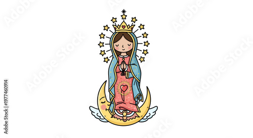 Cute Virgin Mary Vector Illustration with Crown and Stars on Crescent Moon, Religious Iconography for Catholic Devotion and Spiritual Art