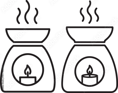 Dual oil burners with lit candles and aroma steam oil burner essential oil home decor line art interior design fragrance diffuser relaxation wellness interior decoration abstract template