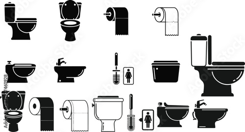 Set of Black Silhouettes of Toilet, Bathroom, and Sanitary Icons Featuring Restrooms, Toilet Paper, and Bathroom Fixtures for Hygiene and Facility Designs, Vector Icons