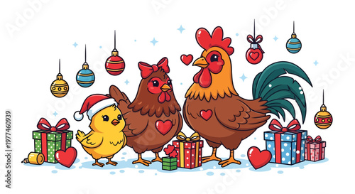 Cute Cartoon Rooster, Hen, and Chick Family with Hearts and Gifts, Festive Christmas and New Year Vector Illustration for Holiday Greetings and Decorations