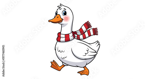 Cute cartoon white duck wearing a red and white striped scarf, walking happily, isolated on white background, vector illustration for children's books and educational content.