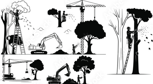 Set of Black Silhouettes of Tree Trimming, Arborist, and Construction Work Icons Featuring Cranes and Excavators for Landscaping, Forestry, and Industrial Designs, Vector Icons