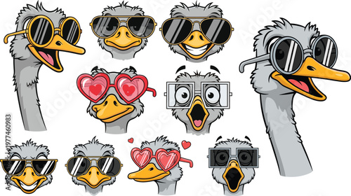 Set of Cartoon Ostrich Illustrations with Various Sunglasses for Fun, Summer, and Animal Designs, Vector Icons