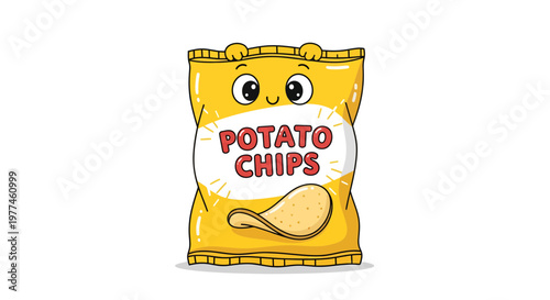 Cute Potato Chips Bag Character Vector Illustration with Blank Space for Text and Design Elements, Fun Snack Food Graphic for Marketing and Advertising