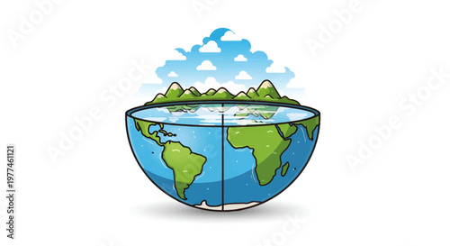 Flat Earth Concept Illustration with Mountains and Clouds in a Bowl, Representing Global Warming and Environmental Issues, Vector Style Graphic for Climate Change Awareness