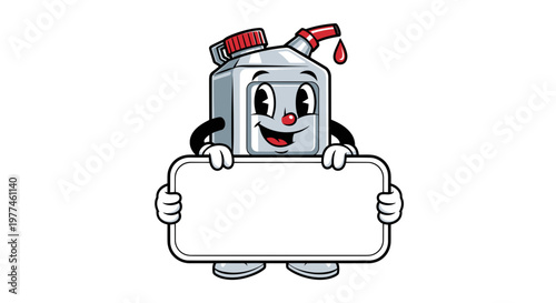 Funny Gas Can Character Holding Blank Sign Mockup, Cartoon Style Vector Illustration for Advertising and Promotion