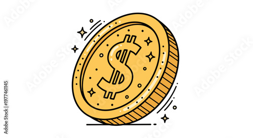 Golden Dollar Coin Vector Illustration with Sparkles and Shine, Representing Wealth and Financial Success in Business and Investment Concepts