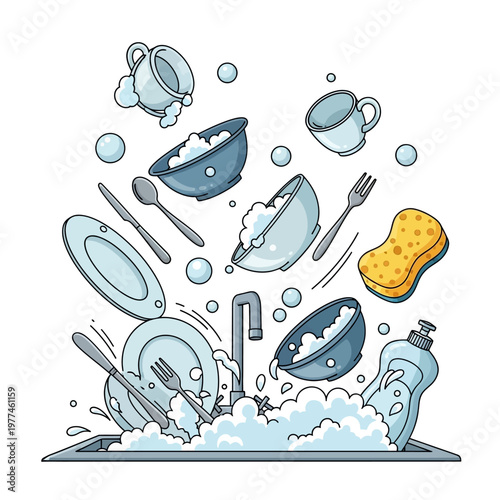 Dirty Dishes Pile Up in Sink with Soap Bubbles and Sponge