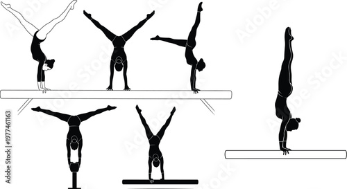 Set of Black Silhouettes of Female Gymnasts Performing Handstands on Balance Beam for Sports, Fitness, and Gymnastics Designs, Vector Icons