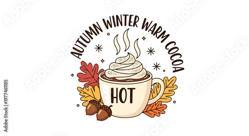 Hot Cocoa Mug with Whipped Cream, Autumn Leaves, and Acorns, Vector Illustration for Seasonal Warmth and Cozy Drink Promotions
