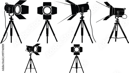 Set of Black Silhouettes of Studio Lighting Equipment and Professional Film Lights for Photography, Cinematic Production, and Video Studio Designs, Vector Icons