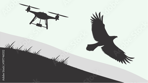 Drone and eagle silhouettes flying together in sky with hill background
