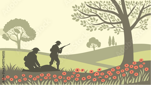 Soldiers in battle silhouette with poppies and trees on a battlefield