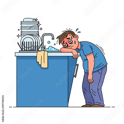 Exhausted Man Overwhelmed by Pile of Dirty Dishes by Kitchen Sink