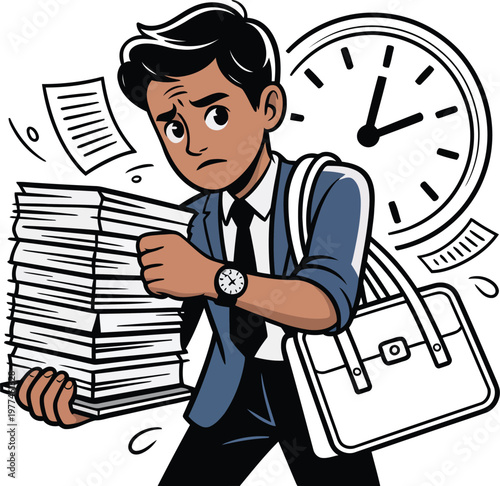 Stressed Corporate Employee Carrying Heavy Workload Against Clock for Time Management Problems Deadline Pressure and Workplace Burnout Prevention Professional Solutions
