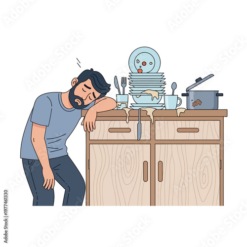 Exhausted Man Sleeping by Pile of Dirty Dishes in Kitchen