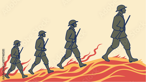 Soldiers marching in line fading into distance with flames symbolizing war and sacrifice in a powerful illustration