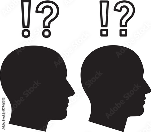 Silhouettes of two human heads with question mark and exclamation point symbols above human head silhouette black and white confusion curiosity thinking communication brainstorming uncertainty