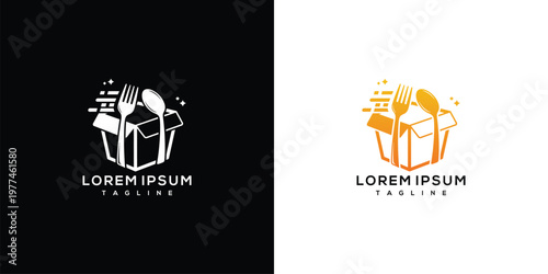 Modern Food Delivery Box Logo with Fork and Spoon Icon Design Concept