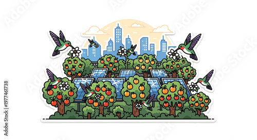 Vibrant city park with hummingbirds and flowers at sunset