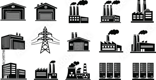 Industrial Factory Building Icons Set Including Power Plant Warehouse Nuclear Station Data Center and Electric Tower Silhouettes Isolated on White Background