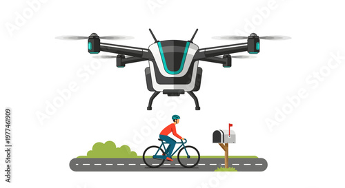 Cyclist riding on road with drone flying above