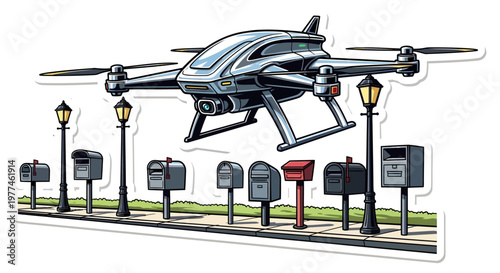 Drone flying over mailboxes on a suburban street with lampposts